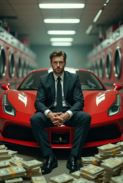 a man sitting in an office with a Ferrari in a laundromat full of money 