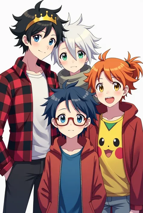 Fourth boy, the first has black hair, blue eyes, an open red and black plaid shirt and a crown on his head, the second has white hair, green eyes and wears a scarf and a blue shirt, the third has orange hair, blue eyes, wears a red coat, the fourth has blu...