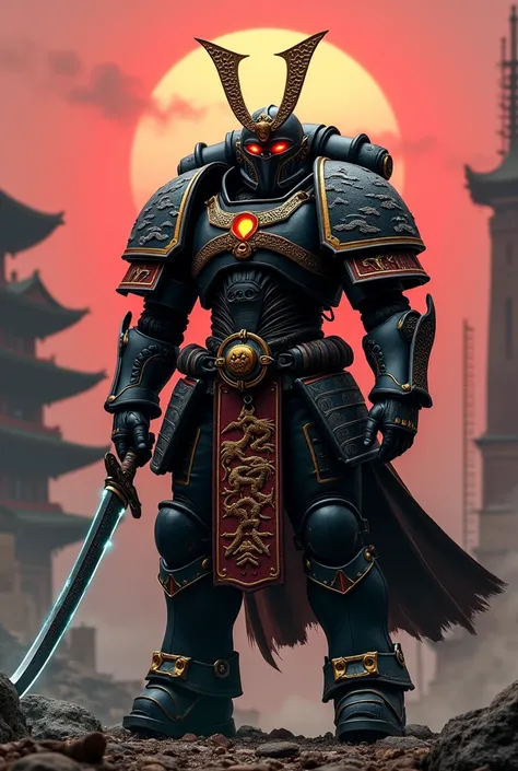 Full-length photo Futuristic Starship Trooper armor in the Warhammer 40k universe, stylized to resemble Japanese culture. The armor is massive, decorated with details in the style of samurai aesthetics: The main color of the armor is black, with red and go...