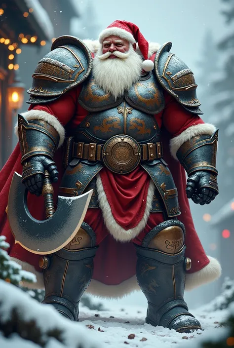 muscular Santa Claus ，Fatness，dressed in armor，With a long axe in hand, Christmas theme