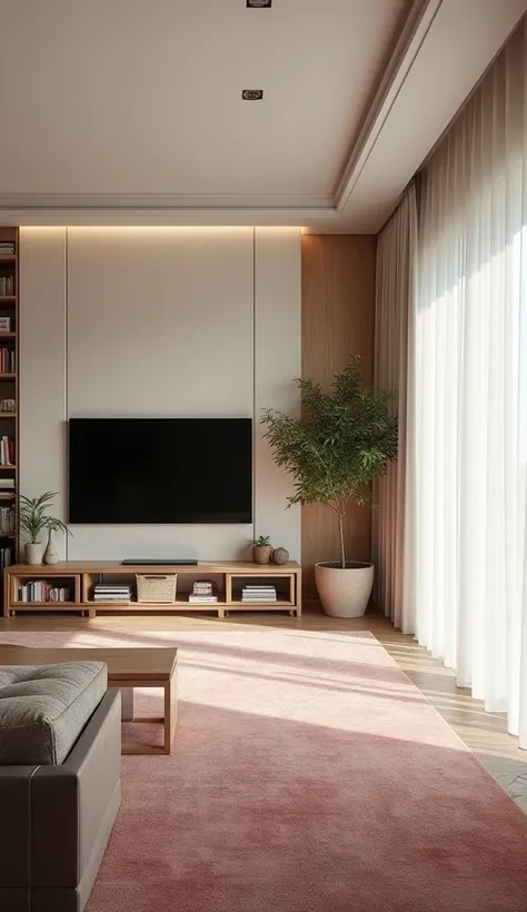 RAW, realistic, realism, realistic photography, architectural photography, environment photo, daylight, living room, large living room panel with TV, rack with Indian cane front and metal shelf with books and plants, indirect lighting, curtain, carpet with...