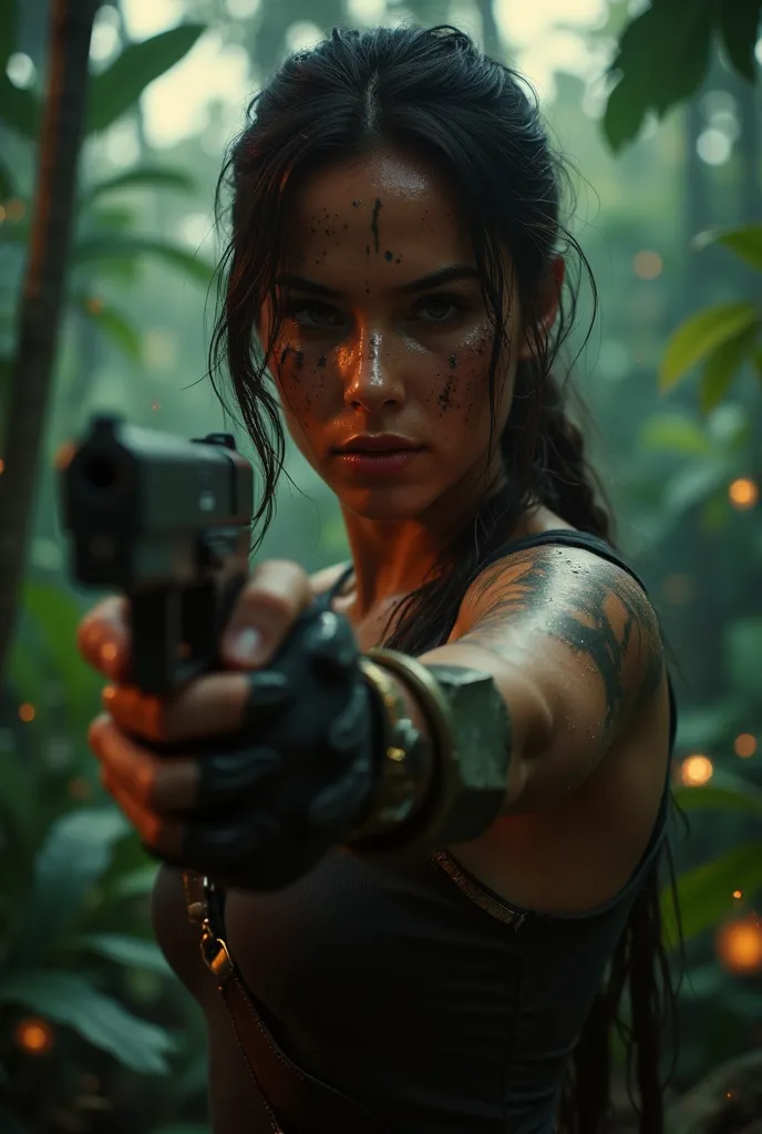 ((masterpiece)) ((photography)) ((highest quality)) close-up of lara croft in a dynamic pose, holding a gun aimed directly at th...