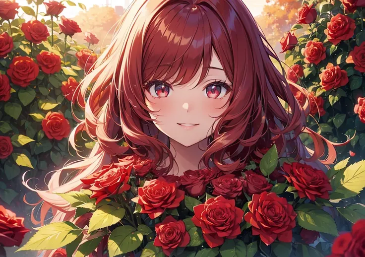 Garden of Red Roses in Full Bloom
A close-up of a girls face surrounded by red roses, illuminated by the soft setting sun. Her hair is dark cherry red with soft curls, and her large, crimson anime-style eyes shine gently. Her smile is modest, her cheeks ar...