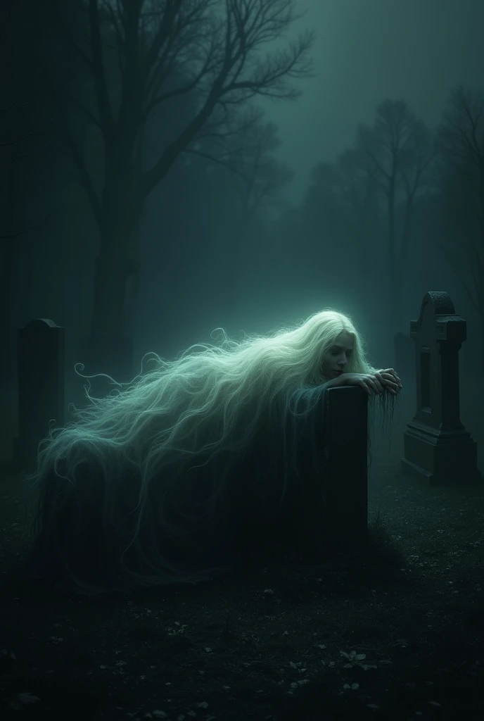 Grave yard, ghost, ghost lying on its grave, noir. 