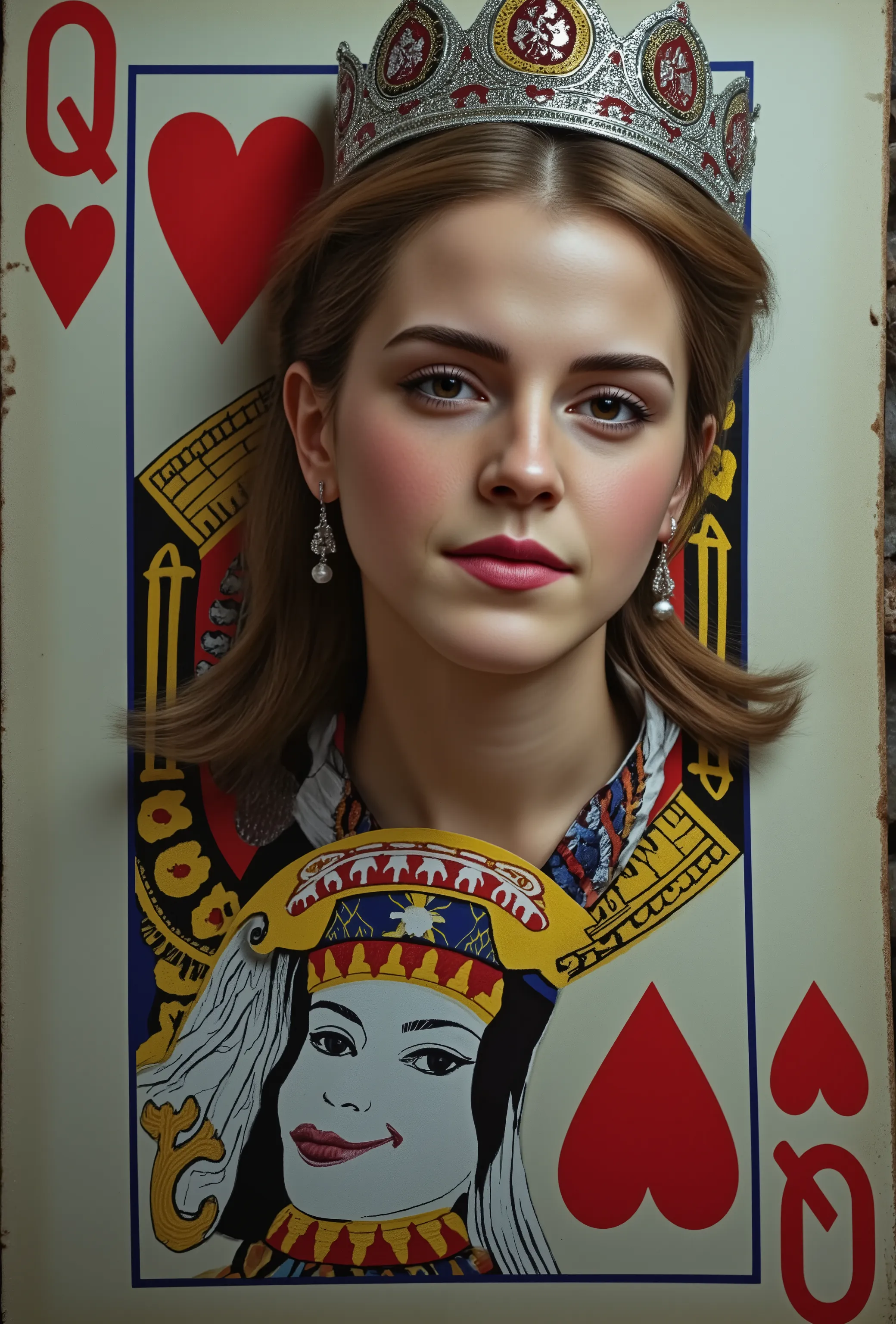 portrait of a realistic, beautiful queen emerging from a large playing card depicting the queen of hearts. the queen is stepping...