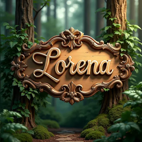 The image shows a luxurious wooden sign with the name Lorena