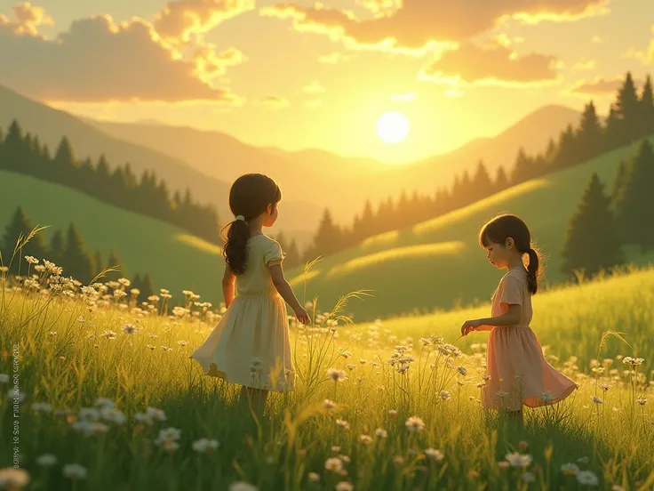 A sun-drenched valley ,  the sun is shining warm and golden , It is evening,  two girls are picking flowers and grasses