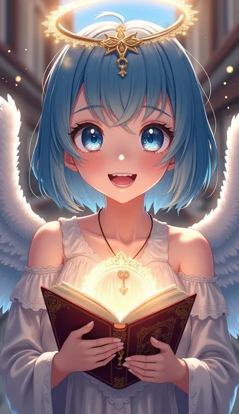  beautiful angel character： 1 girl ,  high definition ,  blue eyes, Brown Hair,  glitter effect ,  Ring of Angels , masterpiece,  best quality,  showing off teeth , bangs, Blue Hair/ light blue hair ,  short cut , Glowing book 、 digital art ,  background i...