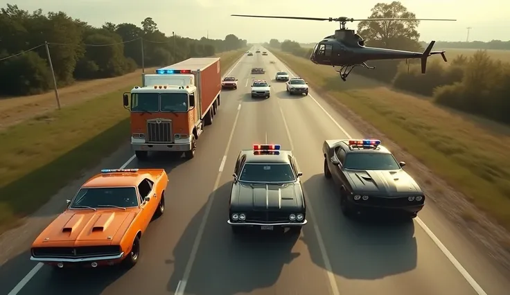 Mini video clip aerial view of the helicopter for the spectator distant from the city, Where there are only trees and farms,  police cars and helicopters chase a huge container truck together with two cars a sitting the super orange one from the movie Fast...