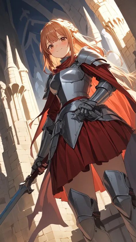 1 girl, (cute face), 18 years old, to many hairstyle, blush, smug, medium breasts, wearing fantasy game style knight Armor, (knee length:1.3), standing on castle battlements, (hand on hilt), for glossy skin, cowboy shot, Break 
(natural lighting, ambient l...