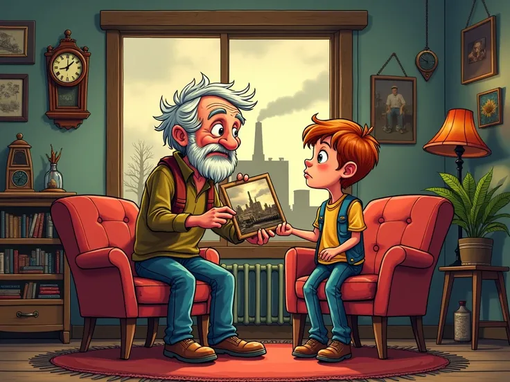 A grandfather and his grandson are in the room ,  the grandfather with a thoughtful expression while looking at an old photo of a factory. comic style