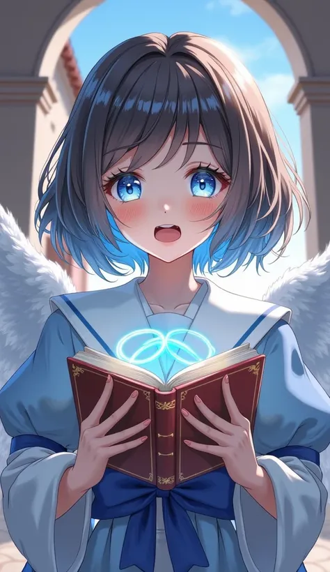  beautiful angel character： 1 girl ,  high definition ,  blue eyes, Brown Hair,  glitter effect ,  Ring of Angels , masterpiece,  best quality,  showing off teeth , bangs, Blue Hair/ light blue hair ,  short cut , Glowing book 、 digital art ,  background i...