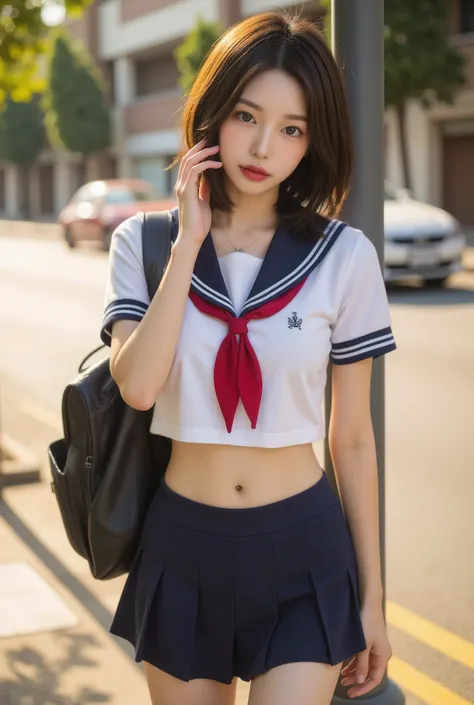 Perfect composition, Proper placement, Golden Ratio, masterpiece, best quality, Front View:1.331, A big accessory in a backpack , leaning against a pole-shaped car stop , Talking on iPhone , stares at the viewer , Shes a famous supermodel , ...