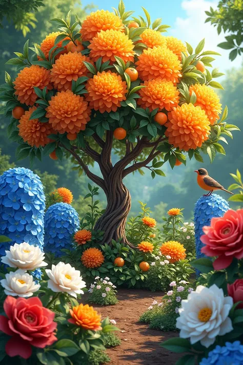  Orange tree with flowers , blue hydrangeas ,   white and red rose bushes and brown sparrow