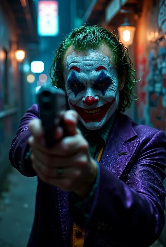 ((masterpiece)) ((photography)) ((highest quality)) close-up portrait of the joker aiming a gun at the viewer, his face painted ...