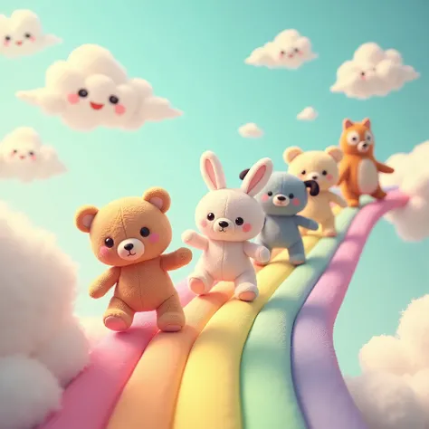 A bunch of cute stuffed animals dancing and playing as they march across a Rainbow bridge (translucent) far up in hte sky, clouds are anthropomorphic and smile at them
