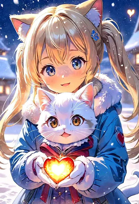 Anime girl holding her heart in snow with fire,  light blue long hair、 girl with twin tails 、 beautiful anime portrait {x} cute cat anime visual {x} x} cute detailed digital art,   Cute Digital Painting  ,  cute digital art ,  MADE IN AN ANIMATION ARTIST S...