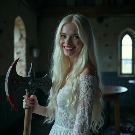 “A hauntingly pale young woman with long, sleek blonde hair so light it is nearly white, standing in the dim interior of an abandoned medieval inn. She wears an exquisite, noble white lace gown, its intricate patterns radiating elegance and purity, yet her...