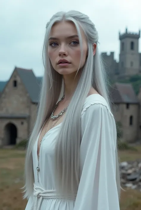 A woman, has silver hair, long hair, white skin color, straight hair, wearing a white dress tight to her body, purple eyes, in the distance destroyed medieval houses, houses in the medieval city destroyed, in the background a castle,