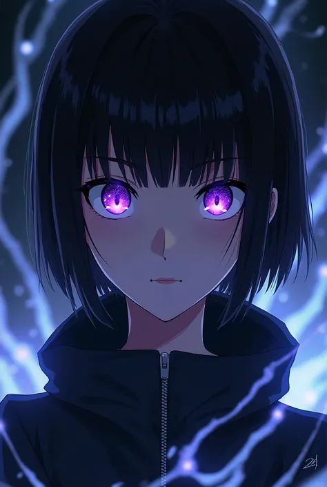 light skin,  young beautiful woman with short hair resembling a male cut ,  straight black hair and purple eyes similar to a galaxy, in the art style of Jujutsu Kaisen 