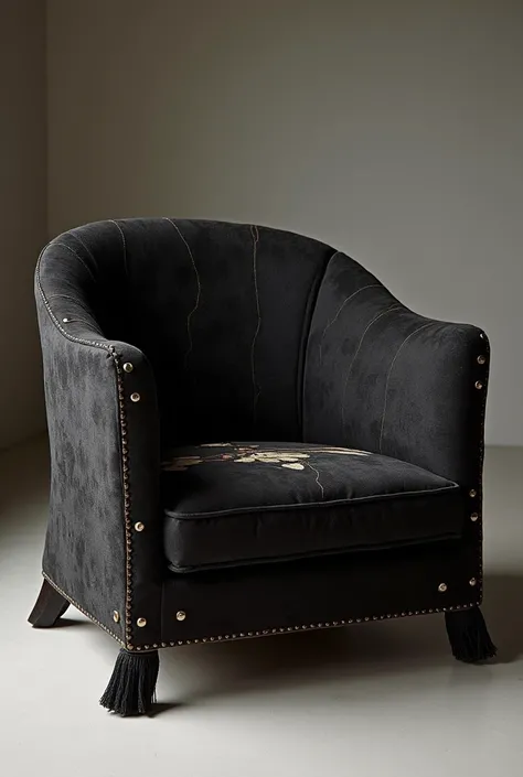 Semi-gotisk men modern Samisk slöjd influerad artisan fine art  suede  och  leather  rund vid och medium-låg stol eller bänk/ sofa — Black ,  on black with embroidery with symbols of semi-abstract hearts and anarchist A : n influenced by Joan Miros composi...