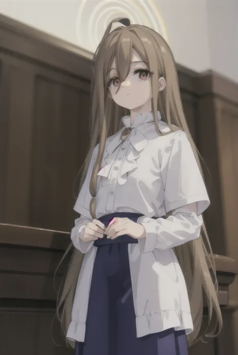 magesense, sense, long hair, brown hair, hair between eyes, (brown eyes:1.5), very long hair, ahoge,
break bun, white bun, shirt...