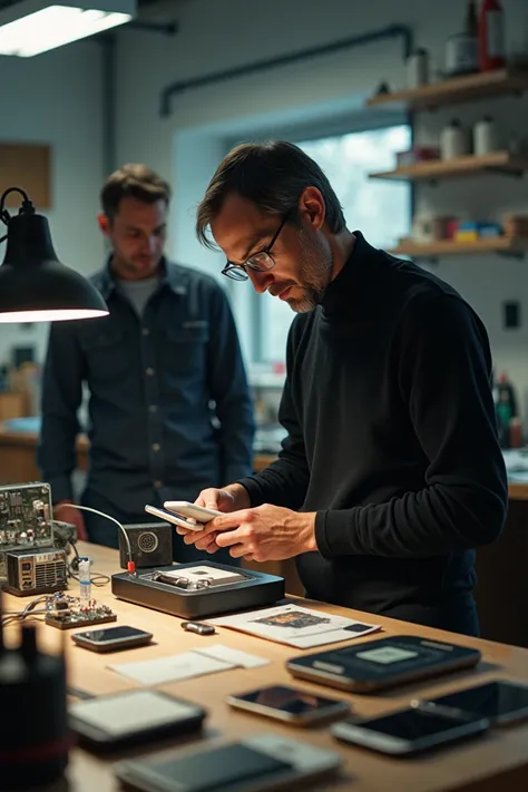  Steve Jobs in a laboratory ,   inventing his first iPhone .  With his back to the picture a second man,  Steve Jobs shows , What he should do 