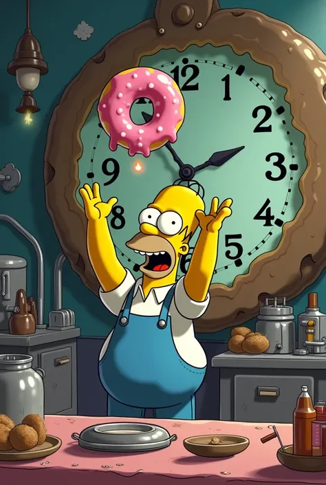  A surreal view of Homers Donut Factory . In the background, a large melted clock  (Salvador Dalí Style),  as Homer tries to catch a donut that is floating in slow motion.