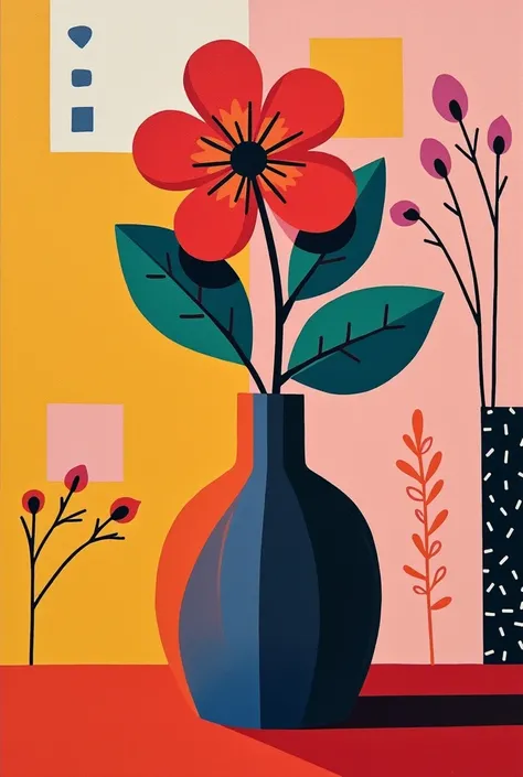  An acrylic of a simplified and colored flower vase. Geometric drawings in the background 
