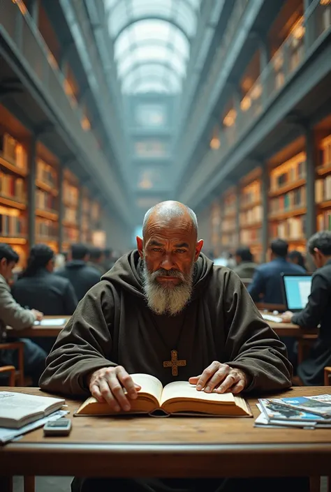 Fray Tomás tries to read in a modern library and is overwhelmed by the amount of superficial information and the lack of depth..