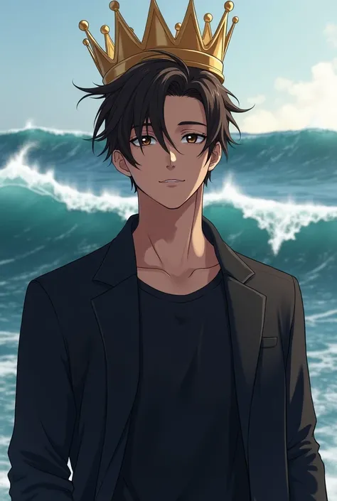 24 year old boy 
Idol straight dark brown hair hairstyle 
Brown eyes ,  dark skin
With a crown on my head 
In the background some waves 
With a black shirt and jacket 