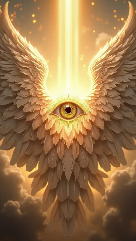 An ultra-detailed, 4K depiction of a biblical Seraphim. The celestial being is centered around a single, large, all-seeing eye, radiating divine power and wisdom. Surrounding the eye are multiple intricate layers of feathered wings, arranged symmetrically ...