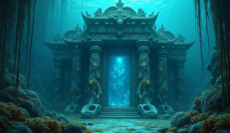 A mysterious ancient underwater temple with mermaid statues, glowing blue lights, and seaweed covering its structure.