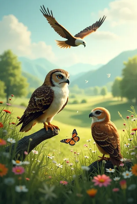 an owl, a butterfly and an eagle in the field 