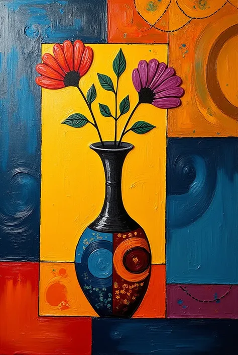  An acrylic of a simplified and colored flower vase. Geometric designs in the background
African drawing 