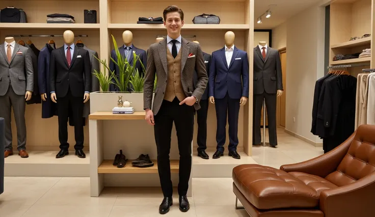 The image depicts a sophisticated showroom or boutique focused on mens fashion, blending formal and semi-formal styles with a touch of casual elegance. At the center, a sharply dressed man models a tailored outfit with a textured blazer, brown vest, and bl...