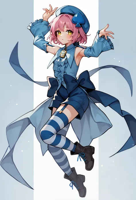 amulet spade, 1girl, solo, yellow eyes,pink hair,hat, short hair, garter straps, blue shorts, detached sleeves, striped thighhighs, blue headwear,frills,shirt, white shirt, bow,Light blue beret, armpits, armpit crease, full body, high quality, 