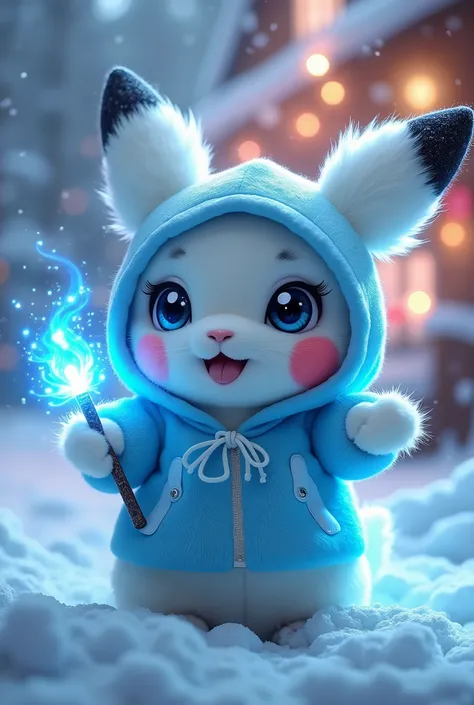 ((((masterpiece, best quality, ultra detail, very_high_resolution, large_filesize, full color)))), Cute furry white pikachu like creature, blue cheeks, sharp glowing eyes, cool, blue pupils, Wearing an oversized light blue hoodie, glowing blue aura around ...