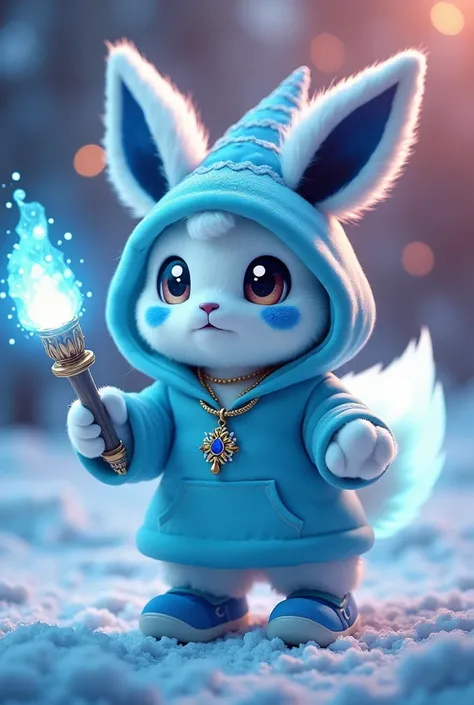 ((((masterpiece, best quality, ultra detail, very_high_resolution, large_filesize, full color)))), Cute furry white Eevee like creature, blue cheeks, sharp glowing eyes, cool, blue pupils, Wearing an oversized light blue hoodie, glowing blue aura around hi...