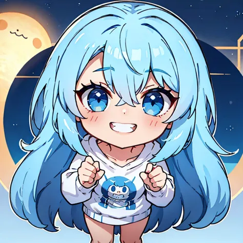 1girl blue hair long hair blue eyes sweatshirt winking teeth grinning at night