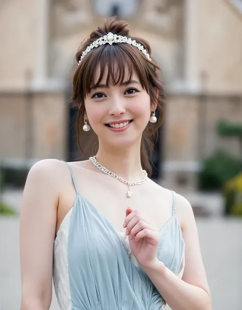 There is a mature 24-year-old woman (Nozomi Sasaki), she has shiny black hair (short bob hair with bangs down), her body is well-proportioned, her breasts are beautifully shaped (C cup size with cleavage: 1.6), she is in front of a church with beautiful na...