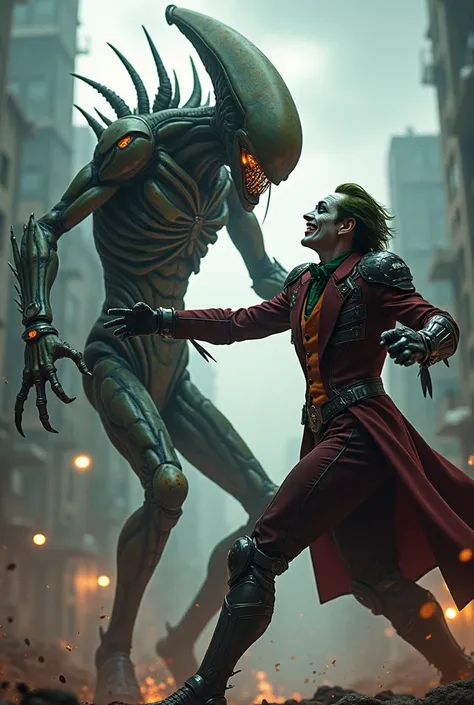 Joker in robot armor fighting against an et