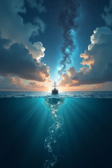  A fractured ocean where reality seems to divide.  Some of the water reflects the normal sky ,  but another part shows a galaxy full of stars .  In the midst of this dimensional collision ,  a ship floats between both worlds , illuminated by a mysterious l...