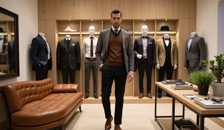 The image depicts a sophisticated showroom or boutique focused on mens fashion, blending formal and semi-formal styles with a touch of casual elegance. At the center, a sharply dressed man models a tailored outfit with a textured blazer, brown vest, and bl...