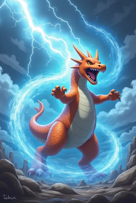 Create the image of a raging Pokemon dragonite launching his comet Draco attack