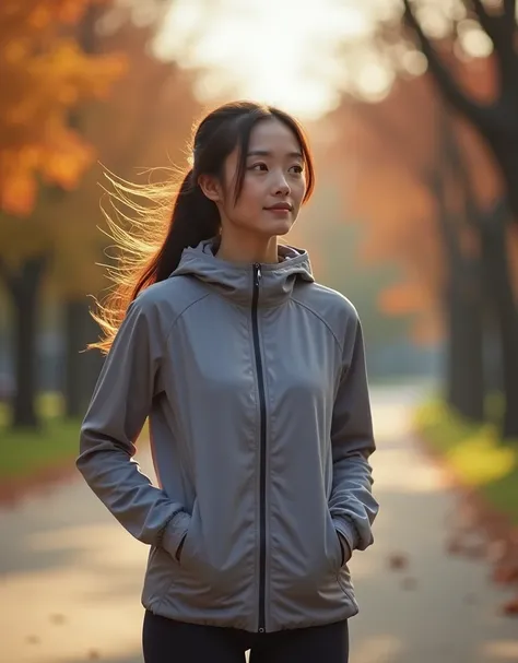 Beautiful Japanese Woman wearing a winter running outfit, she has a small breast, small  and dark long hair, scene is happening in a park in the morning at the end of autumn, Photorealistic 8k HDR photography 