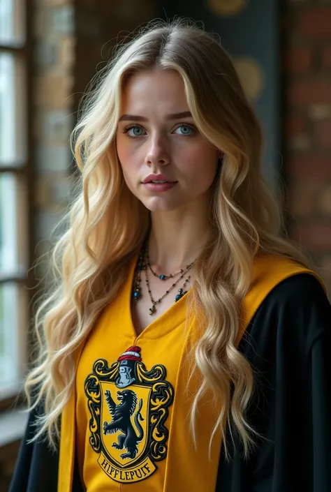 A woman of about 20, long blond hair and sapphire blue eyes. Her face is slightly rounded. She is dressed in Hufflepuff house robes, badger on a badge.