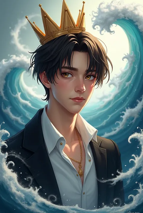 24 year old boy, straight dark brown hair ,  brown eyes ,  with a crown on the head and waves in the background with a white shirt and black jacket 