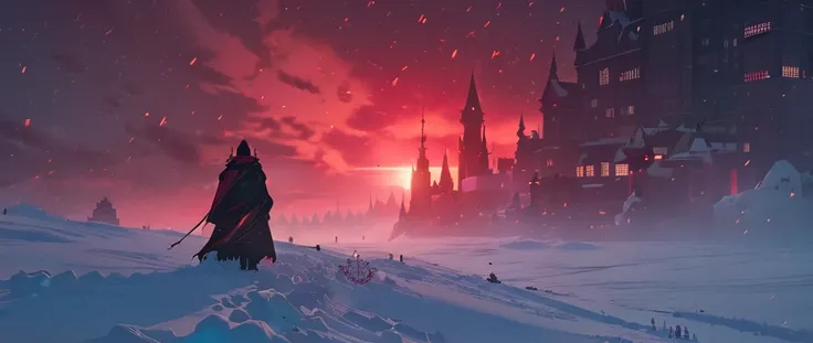 A snowfield where it snows black and red, (((Black and Red colored Snow:1.5))), black snow, red snow, in the distance a large fantasy city casts a silhouette against the horizon, glowing like a jewel in the surreal landscape 