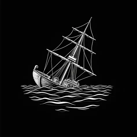 create a creative logo with black background and white drawing 
sinking ship